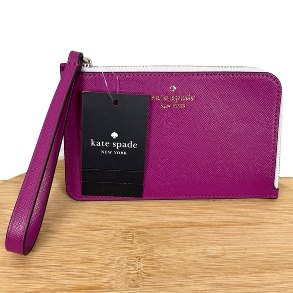 NWT Kate Spade Lucy Small Zip Wristlet Bicolor Saffian Leather Baja Rose KH769 - Picture 1 of 9